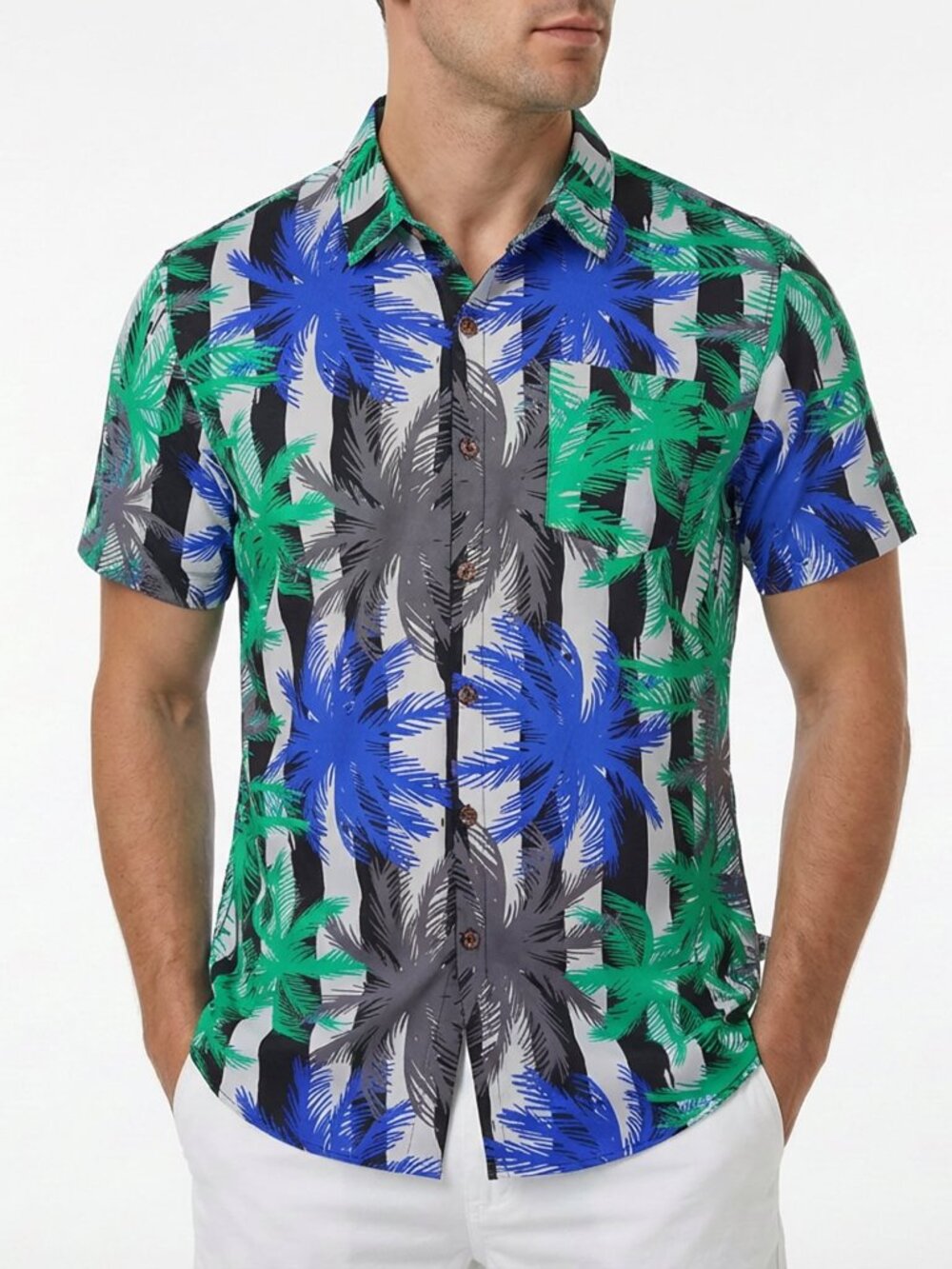 Mens Hawaiian Shirt Palm Tree Striped Short Sleeve Casual Button Down Beach Top